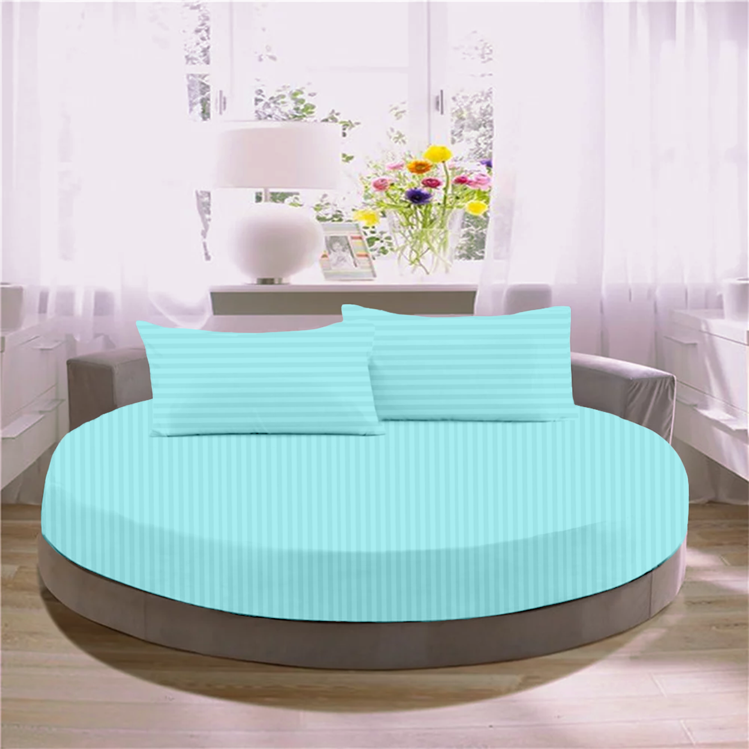 Aqua Blue Stripe Round Fitted Bed Sheets