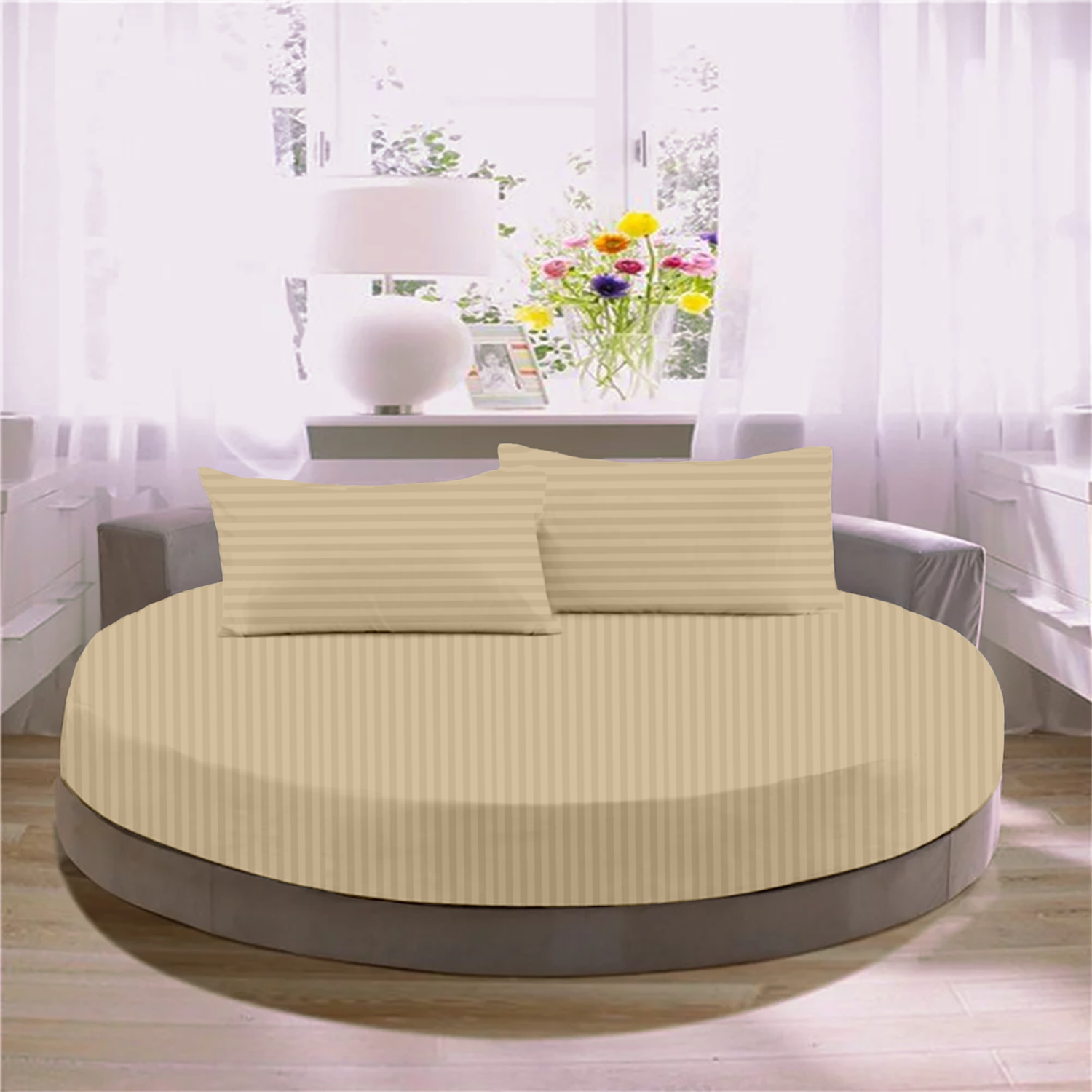 Beige Stripe Round Fitted Bed Sheets