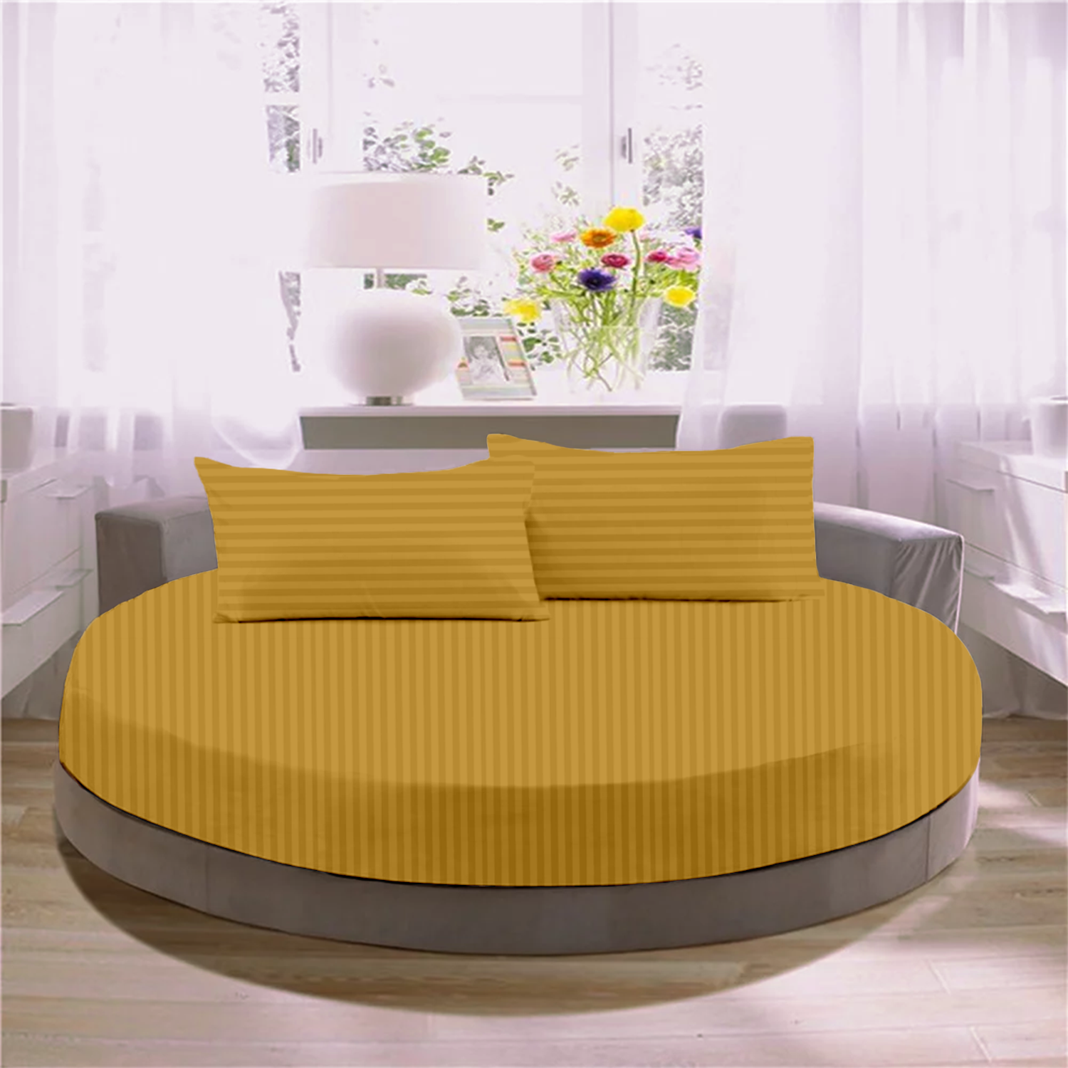 Gold Stripe Round Fitted Bed Sheets