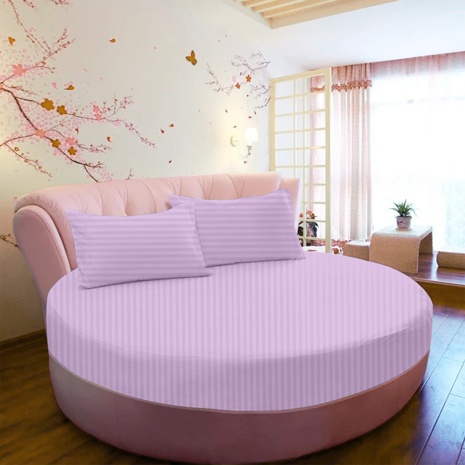 Lilac Stripe Round Fitted Bed Sheets