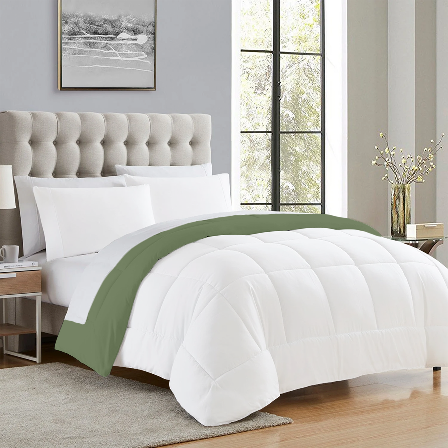 Moss Green and White Reversible Comforter
