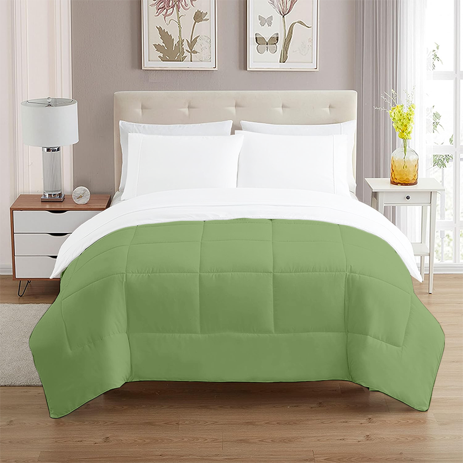 Sage Green and White Microfiber Reversible Comforter