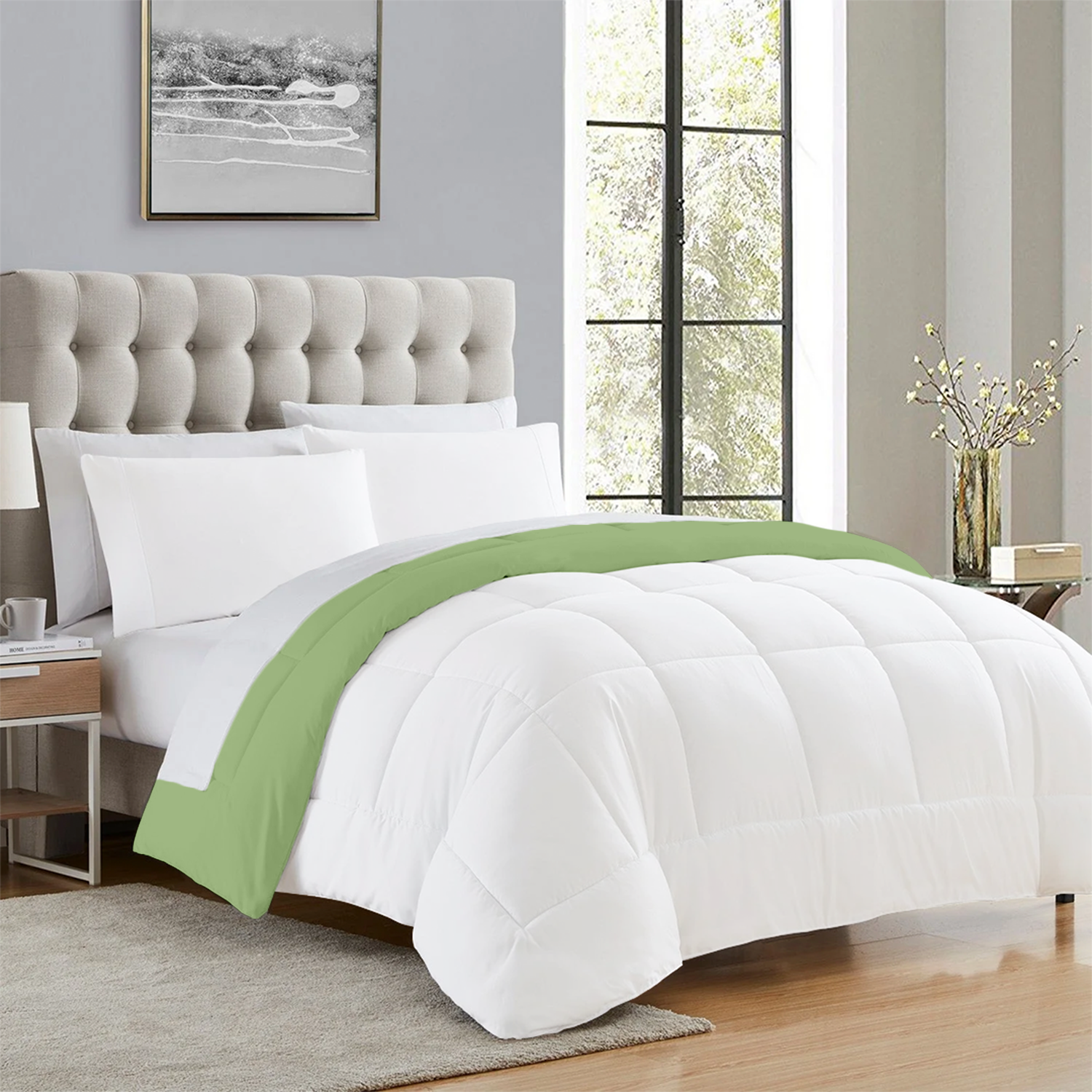 Sage Green and White Microfiber Reversible Comforter