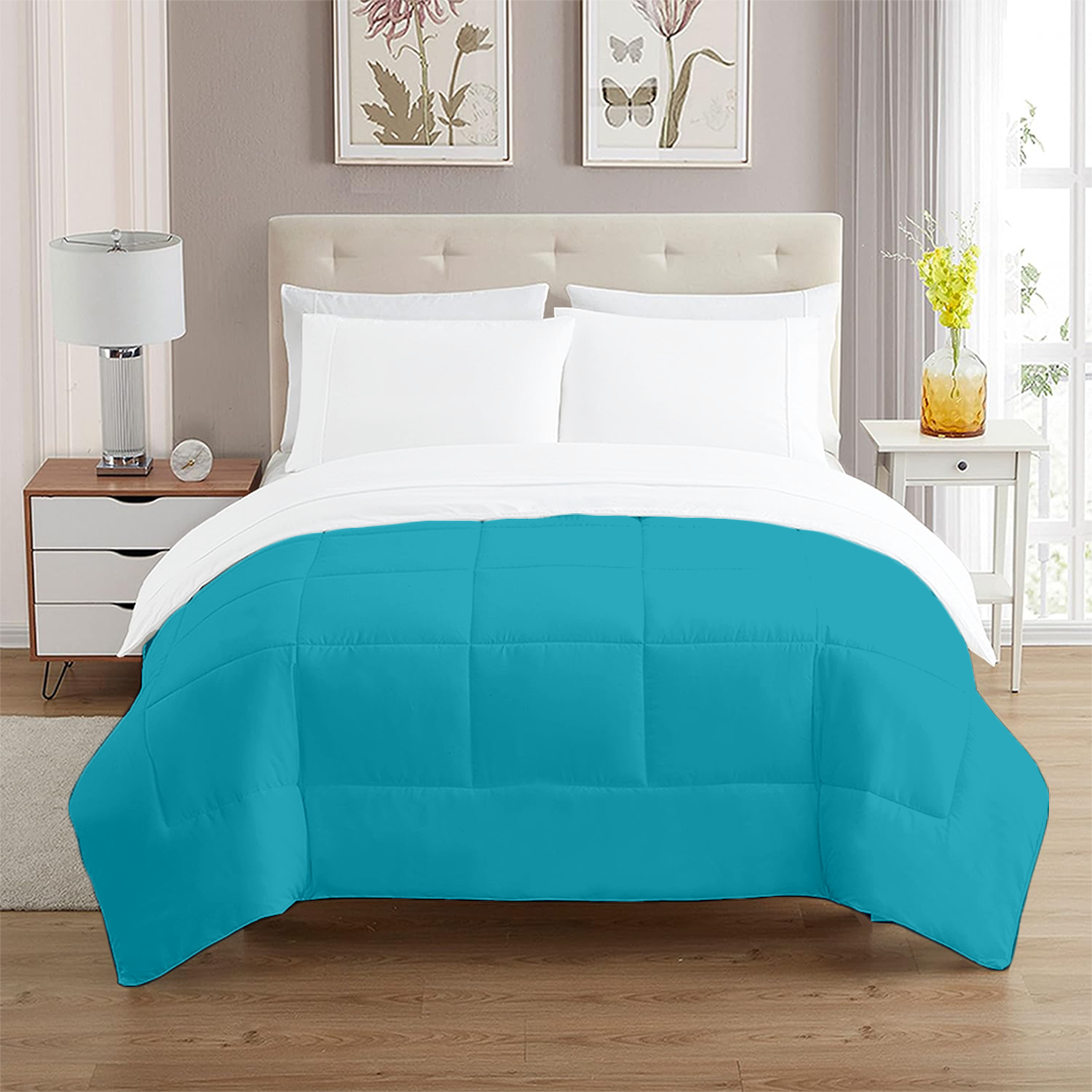 Turquoise and White Microfiber Reversible Comforter