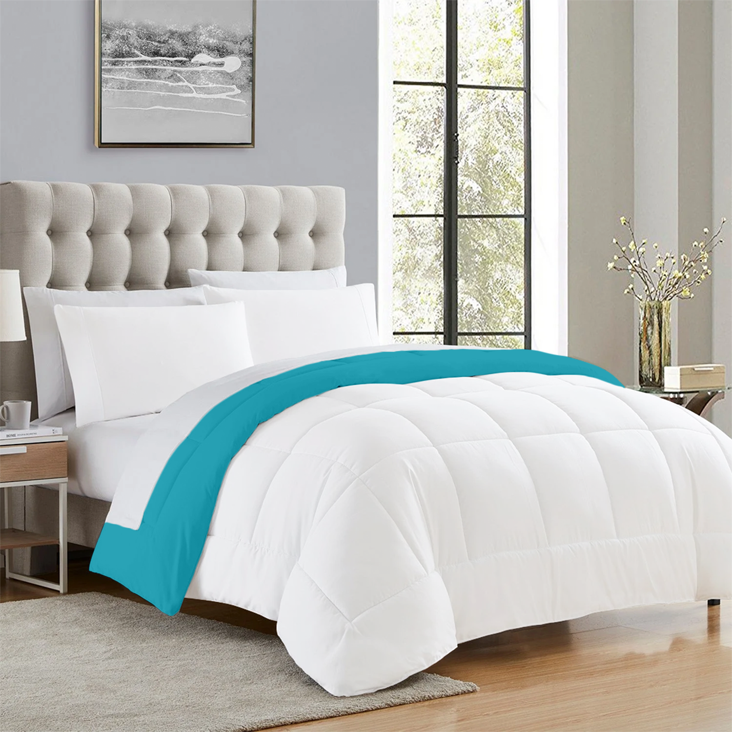 Turquoise and White Microfiber Reversible Comforter