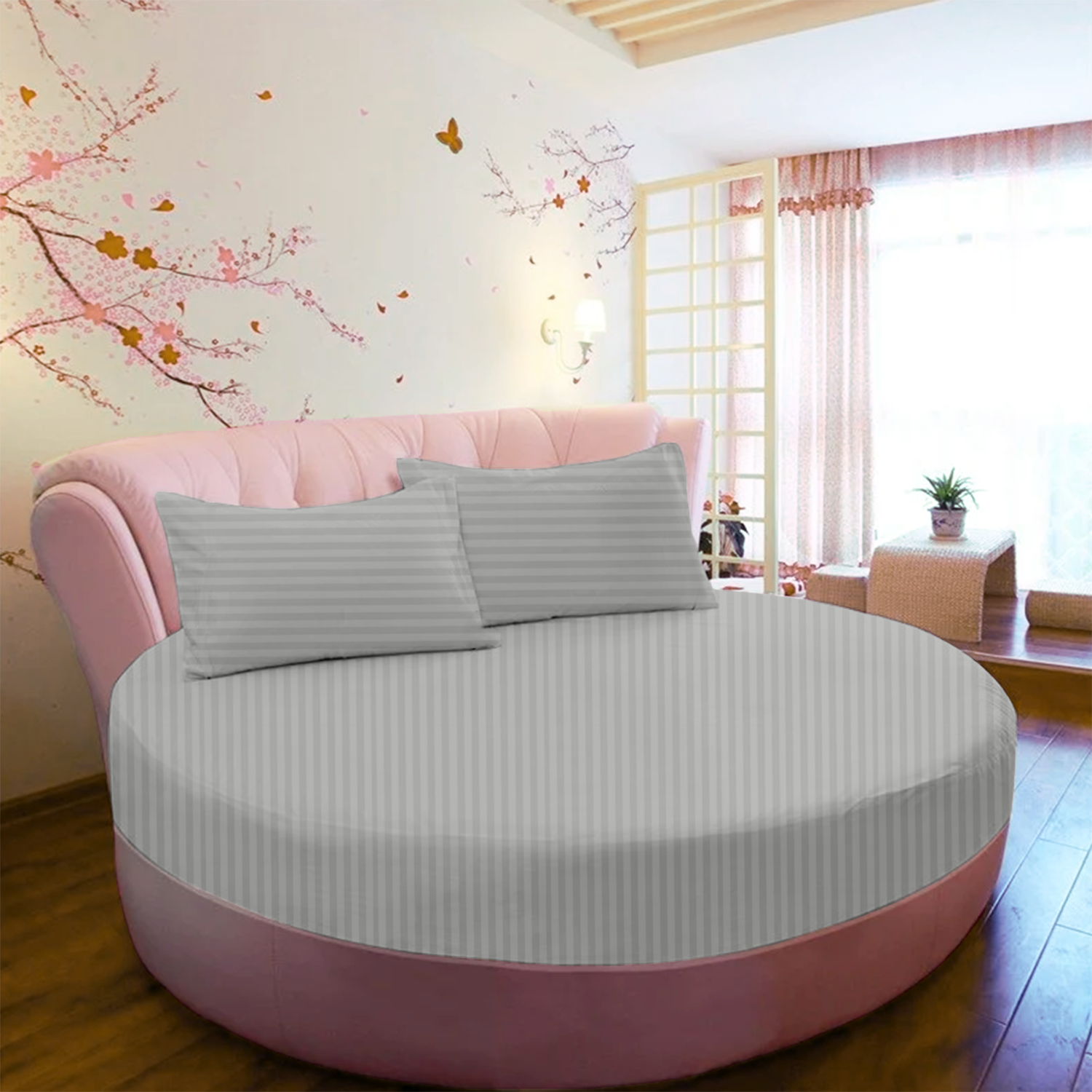 Light Grey Stripe Round Fitted Bed Sheets