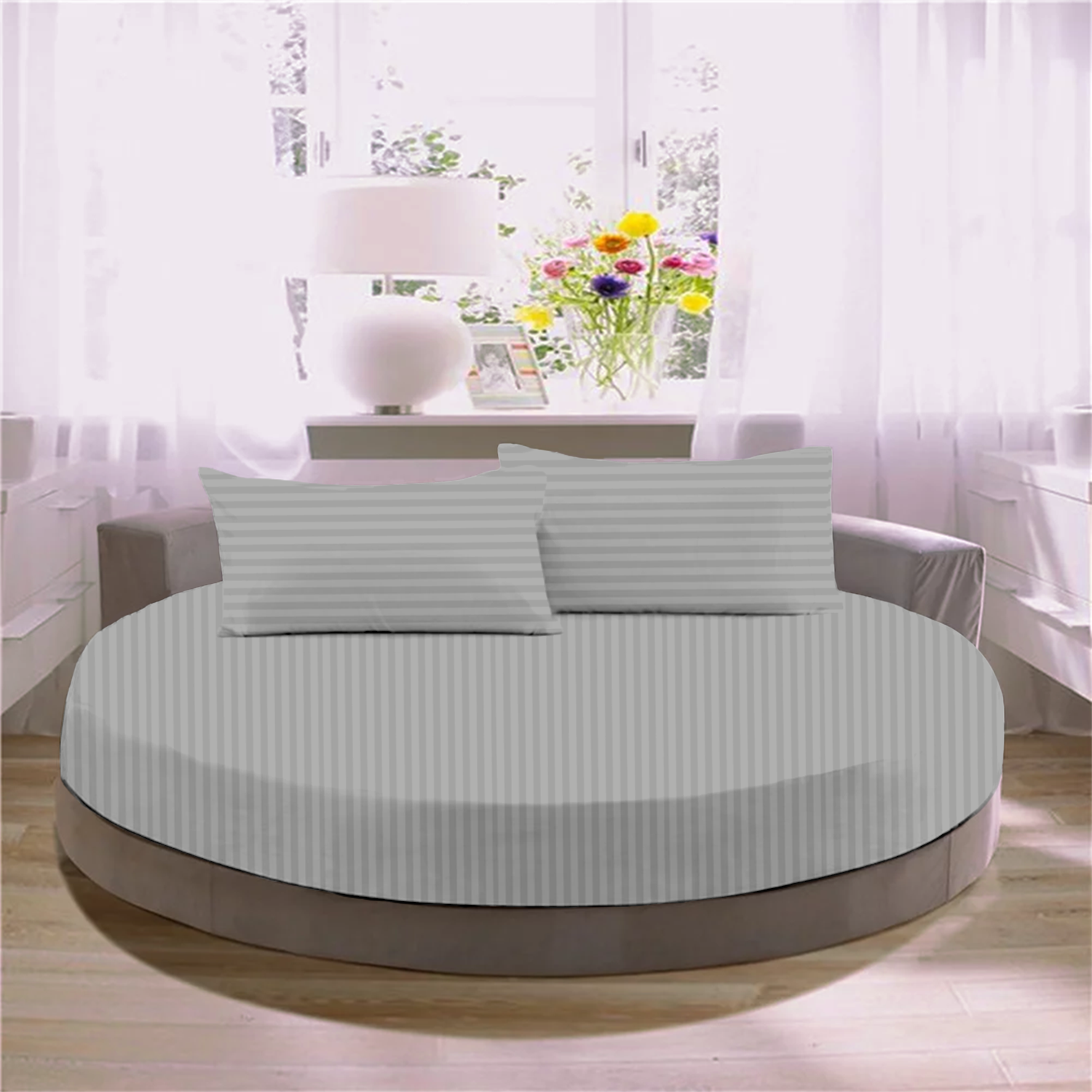 Light Grey Stripe Round Fitted Bed Sheets