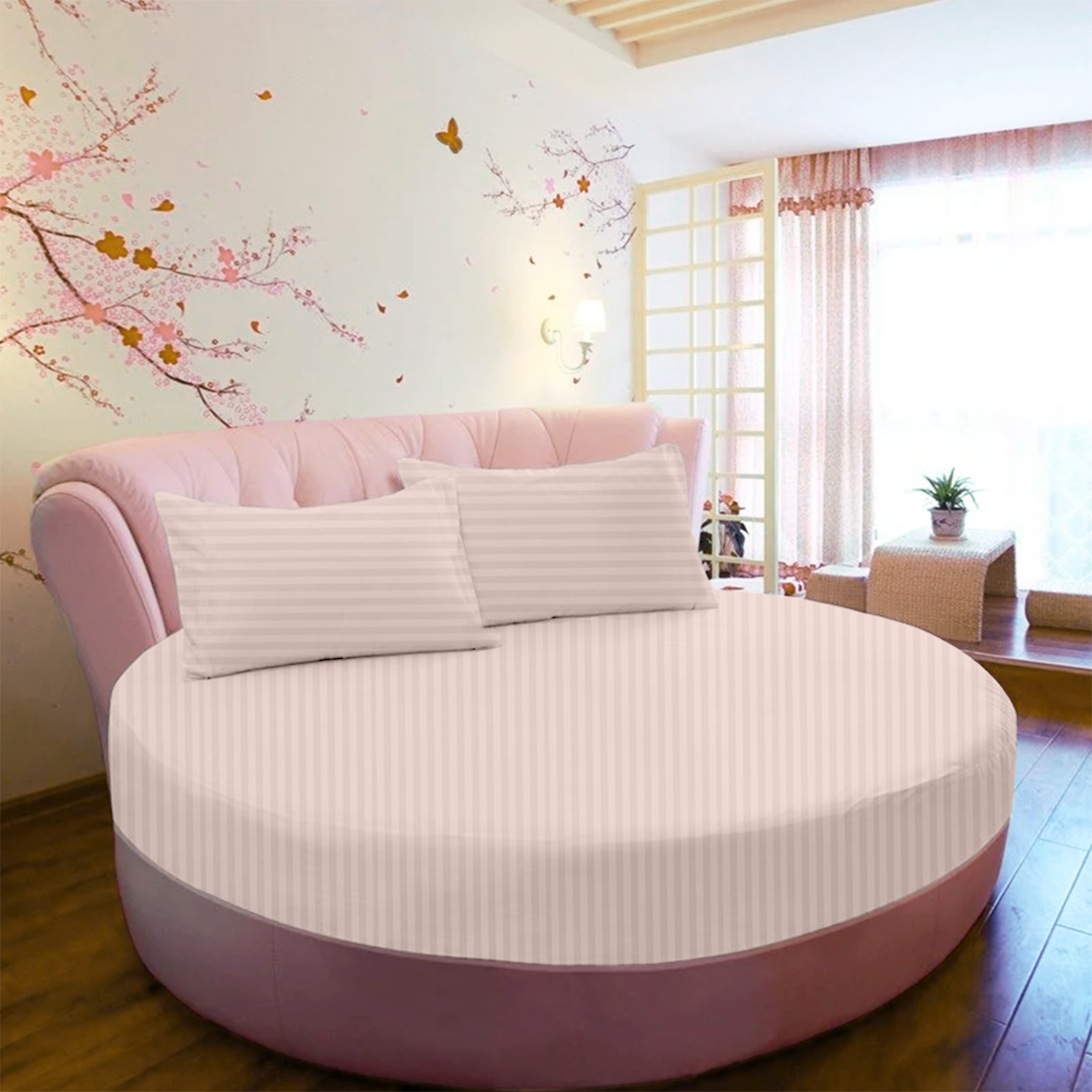 Peach Stripe Round Fitted Bed Sheets