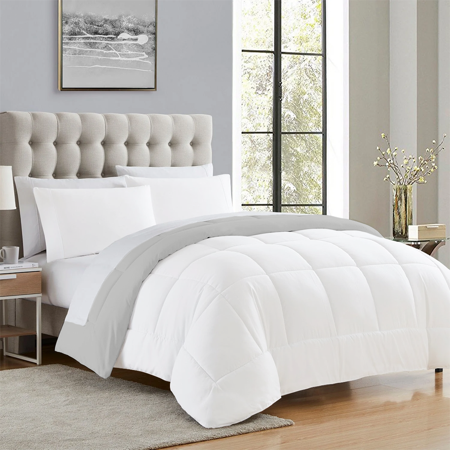 Light Grey and White Microfiber Reversible Comforter