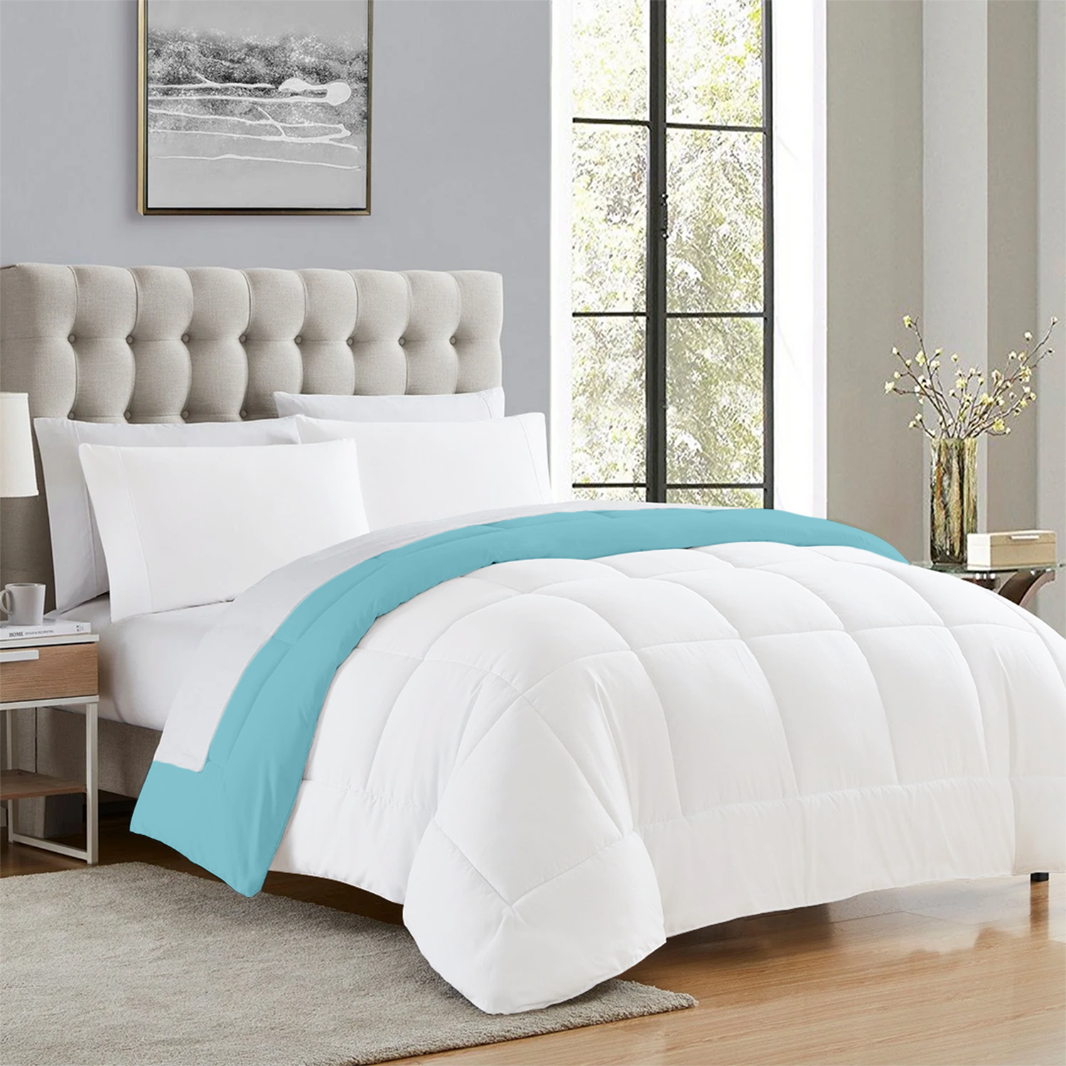 Aqua and White Reversible Comforter