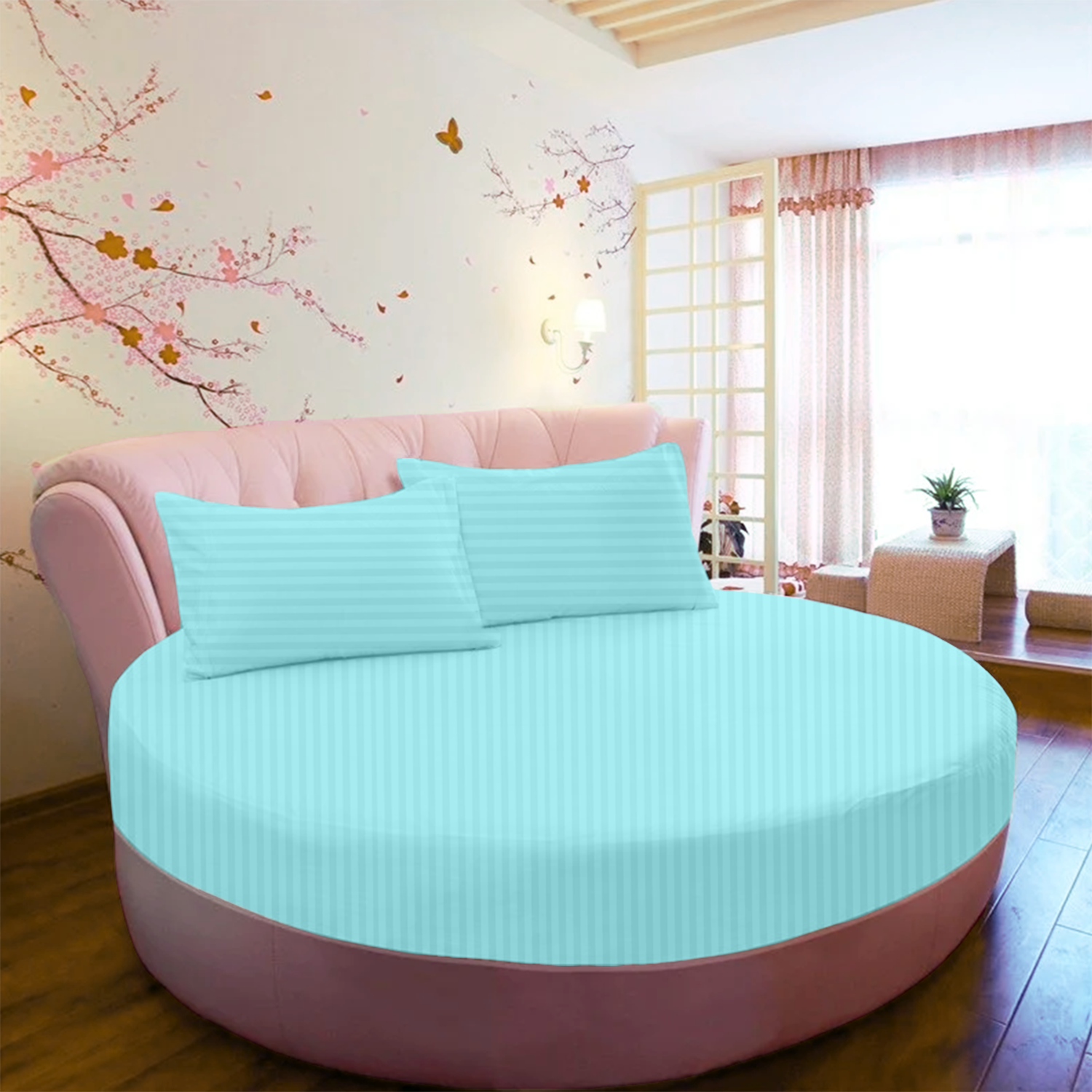 Aqua Blue Stripe Round Fitted Bed Sheets