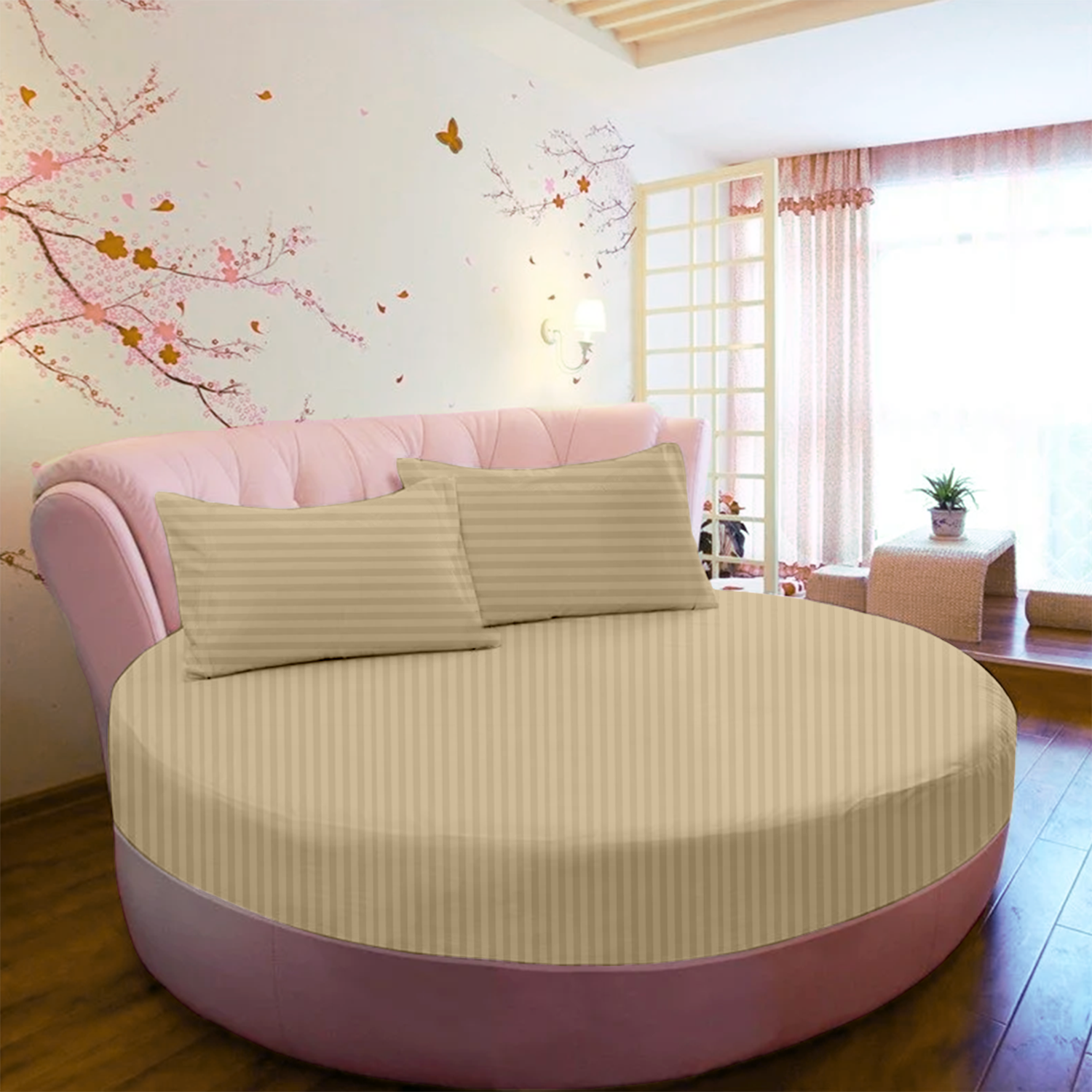 Beige Stripe Round Fitted Bed Sheets