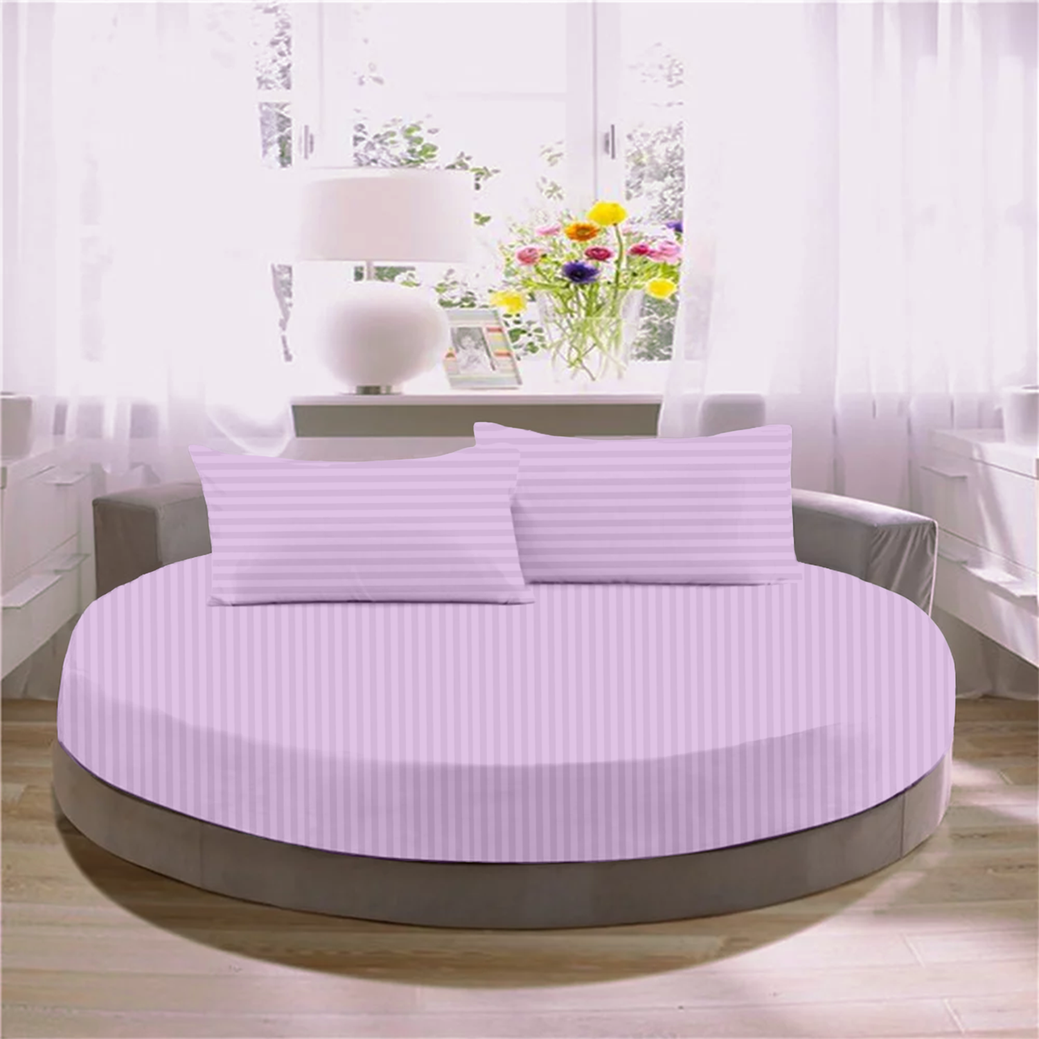Lilac Stripe Round Fitted Bed Sheets