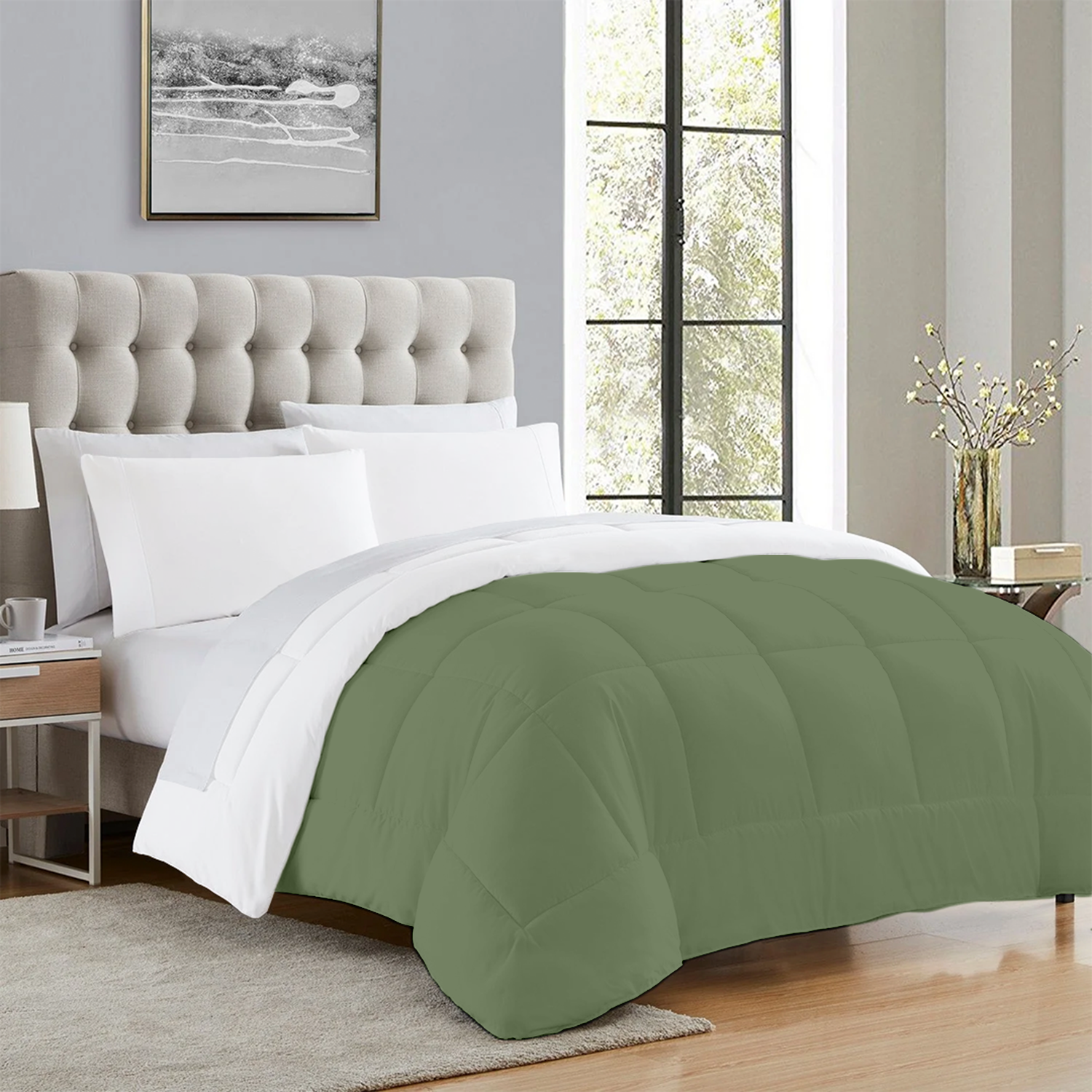 Moss Green and White Reversible Comforter