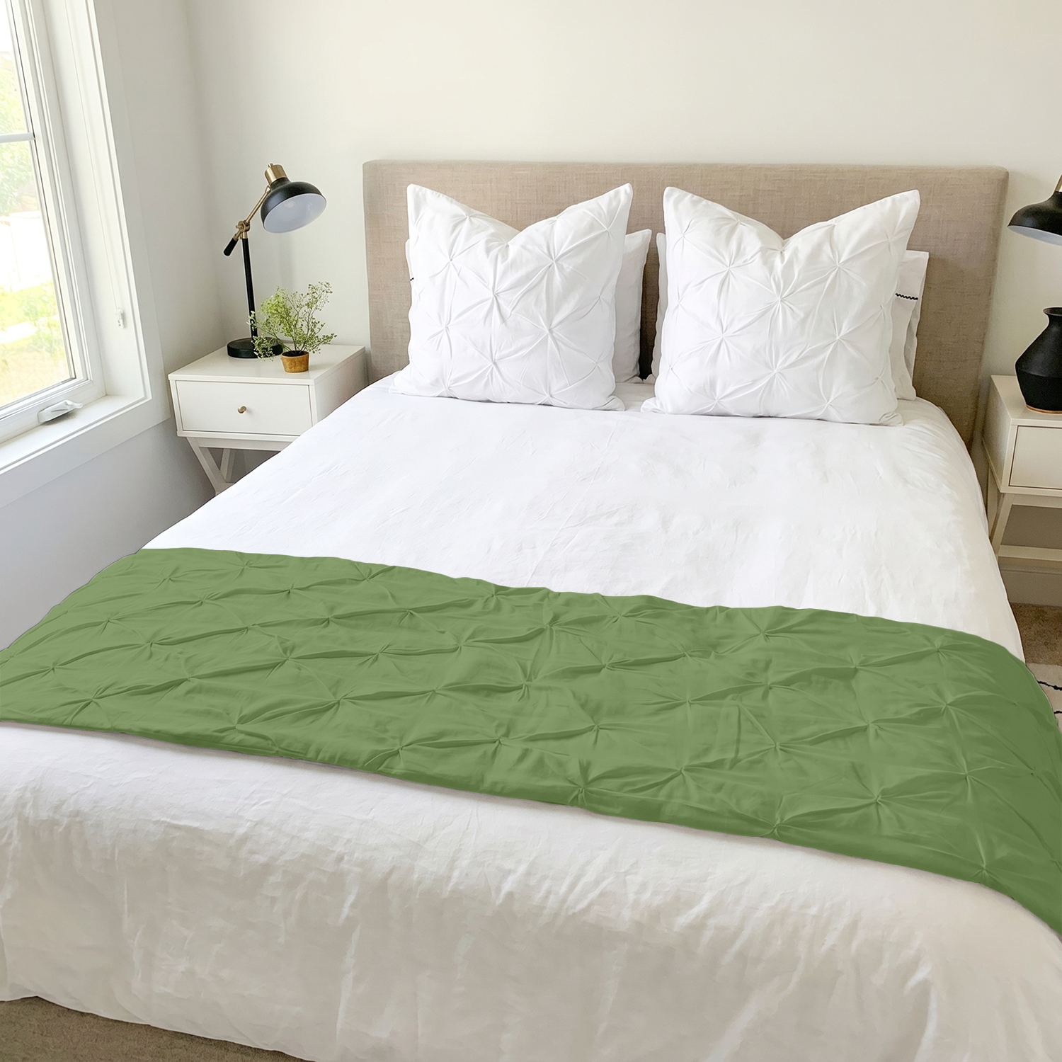 Sage green Pinch Bed runner