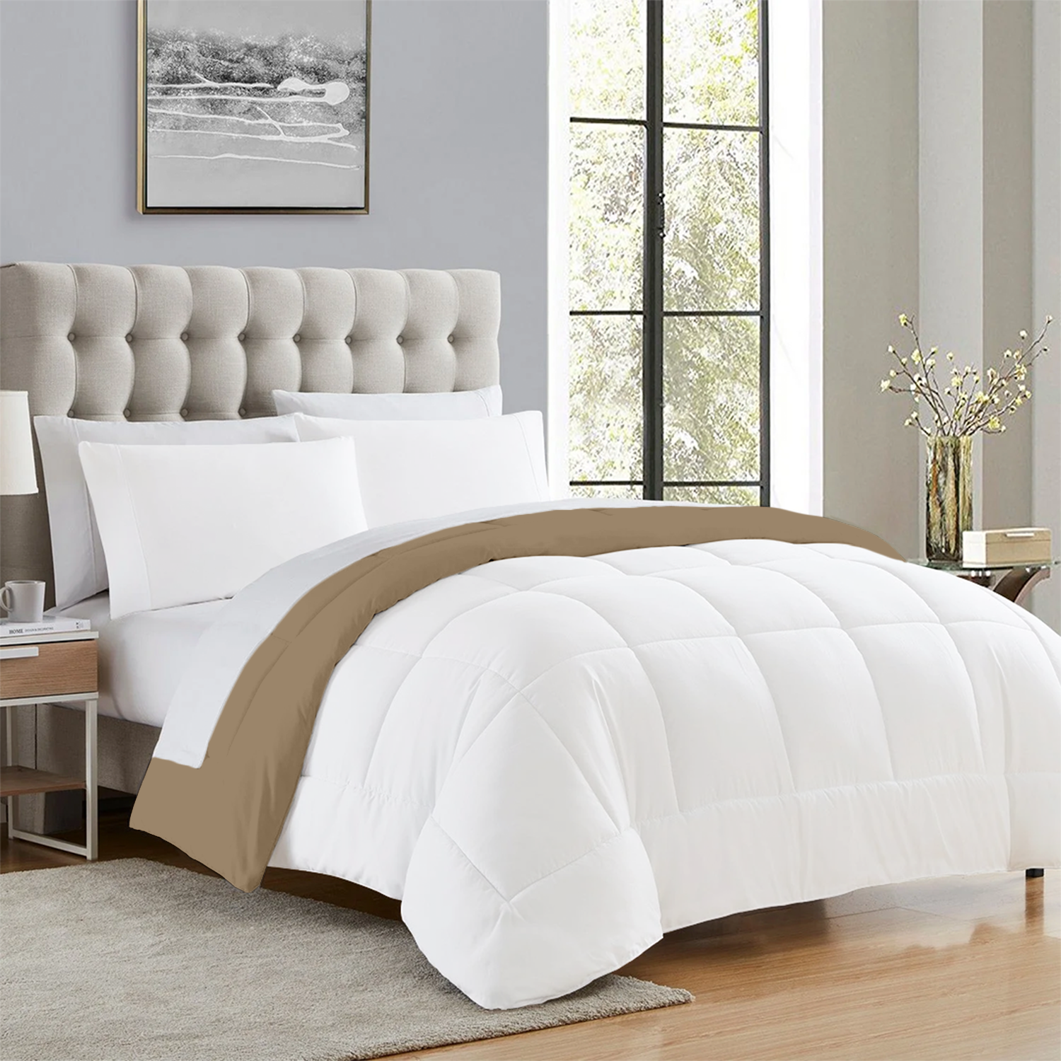 Taupe and White Microfiber Reversible Comforter