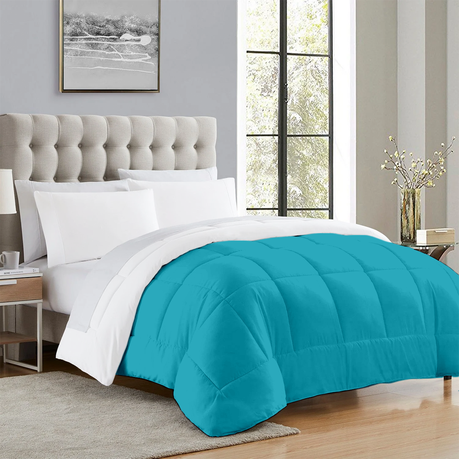 Turquoise and White Microfiber Reversible Comforter