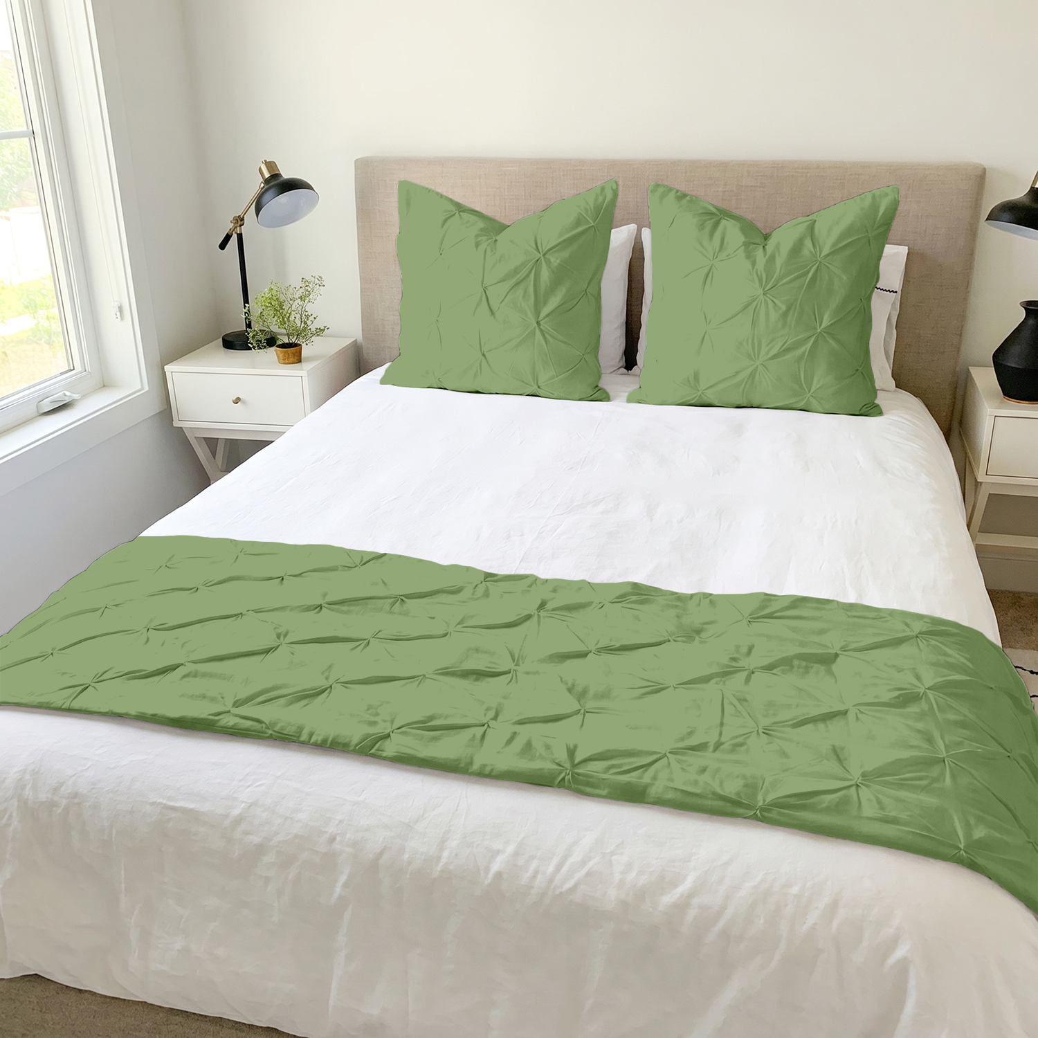 Sage green Pinch Bed runner