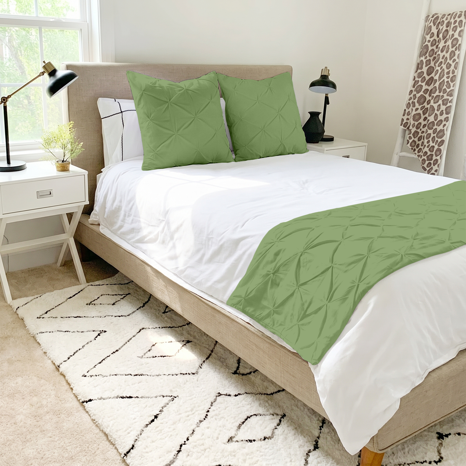 Sage green Pinch Bed runner