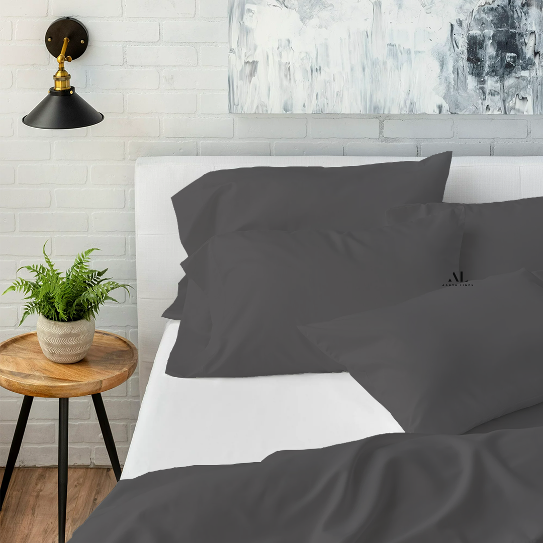 Dark Grey Bed Sheets with Four Pillow Covers