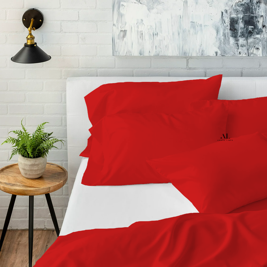 Red Bed Sheets with Four Pillow Covers